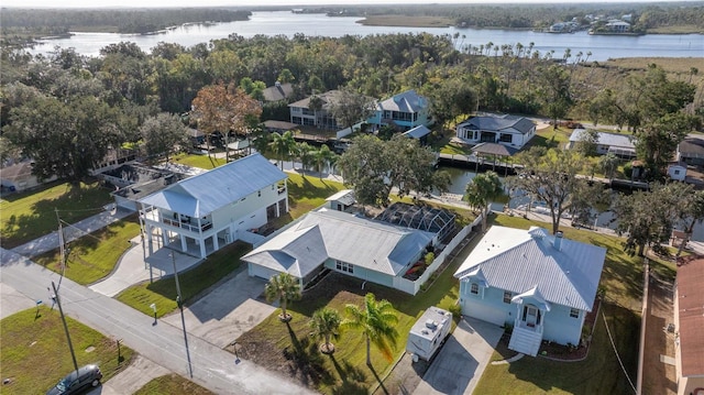 drone / aerial view featuring a water view