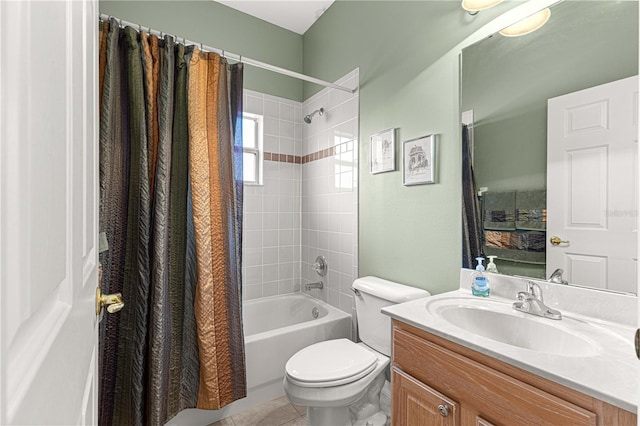 bathroom with shower / bathtub combination with curtain, toilet, tile patterned floors, and vanity