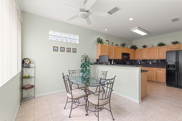 kitchen with black appliances, decorative backsplash, ceiling fan, light tile patterned floors, and kitchen peninsula