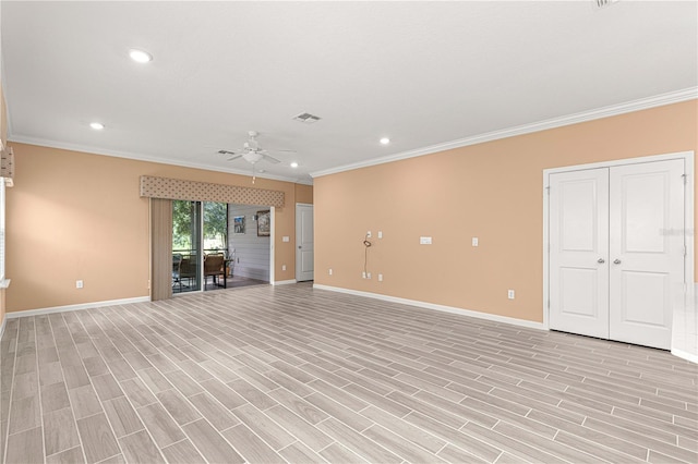 unfurnished living room featuring crown molding and light hardwood / wood-style floors