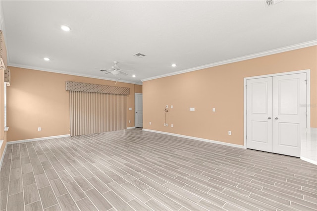 interior space with crown molding, ceiling fan, and light hardwood / wood-style flooring