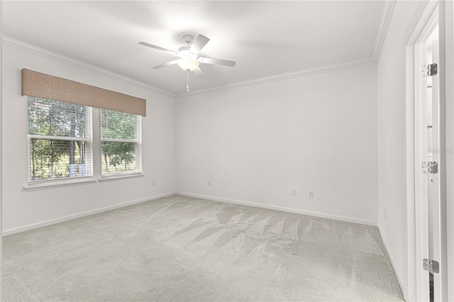 carpeted spare room featuring ornamental molding, ceiling fan, and a textured ceiling