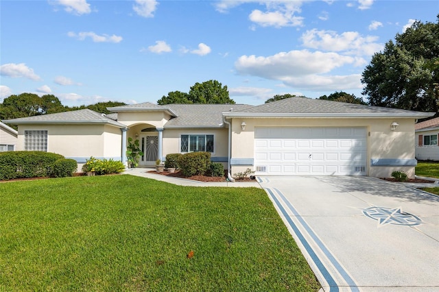 single story home featuring a front lawn and a garage