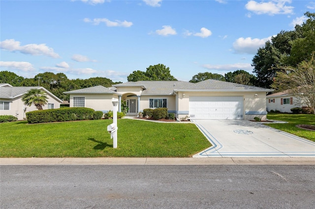 ranch-style house featuring a front yard and a garage