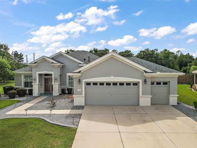 single story home with a garage and a front lawn