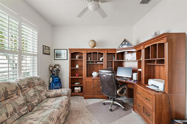 office with ceiling fan, light colored carpet, and a wealth of natural light