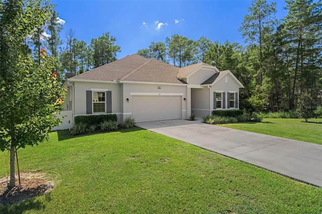 ranch-style house with a garage and a front lawn