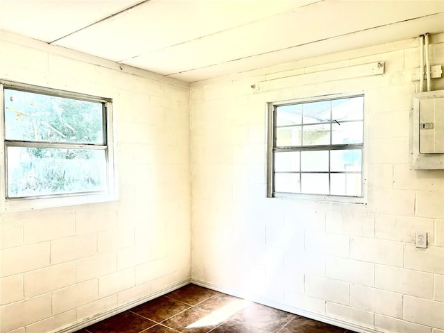 unfurnished room featuring electric panel, dark tile patterned floors, and a healthy amount of sunlight