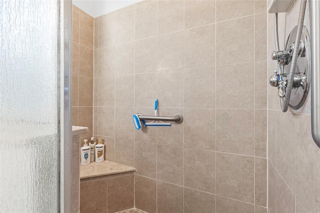 bathroom featuring a shower with shower door