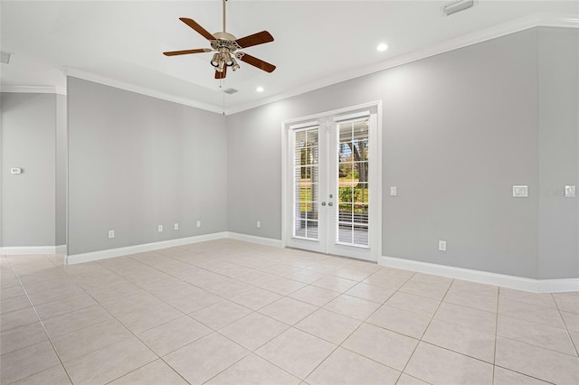 spare room featuring ornamental molding, french doors, and ceiling fan