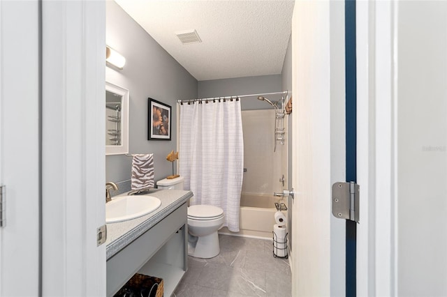 full bathroom with a textured ceiling, vanity, toilet, and shower / bath combination with curtain