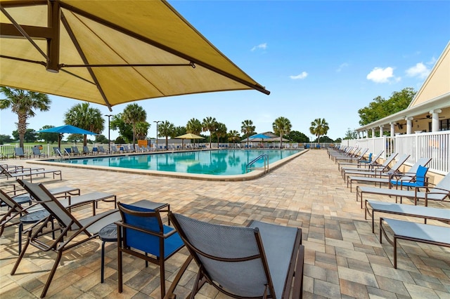 view of swimming pool with a patio area