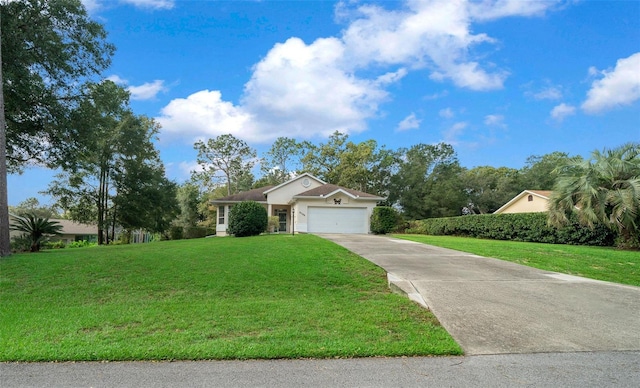 single story home with a garage and a front lawn