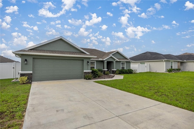 single story home featuring a front yard and a garage