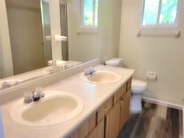 bathroom featuring wood-type flooring, vanity, and toilet