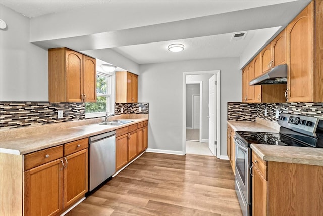 kitchen with backsplash, stainless steel appliances, light wood-type flooring, and sink