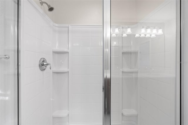 bathroom featuring a shower with shower door