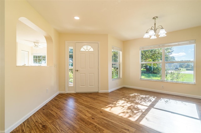 foyer entrance featuring a healthy amount of sunlight, ceiling fan with notable chandelier, and hardwood / wood-style flooring