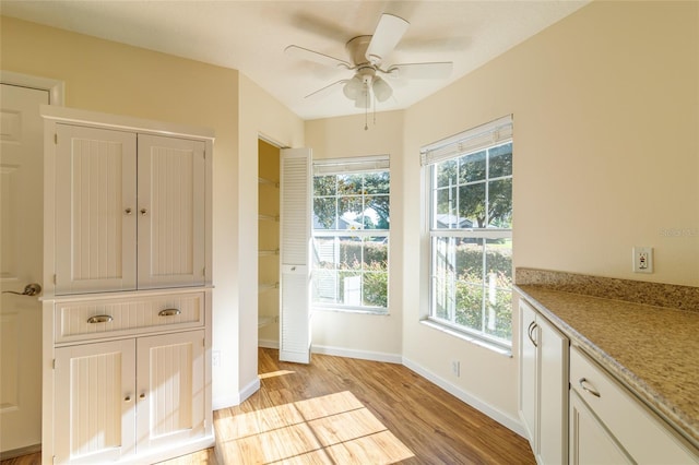 doorway with light wood-type flooring and ceiling fan