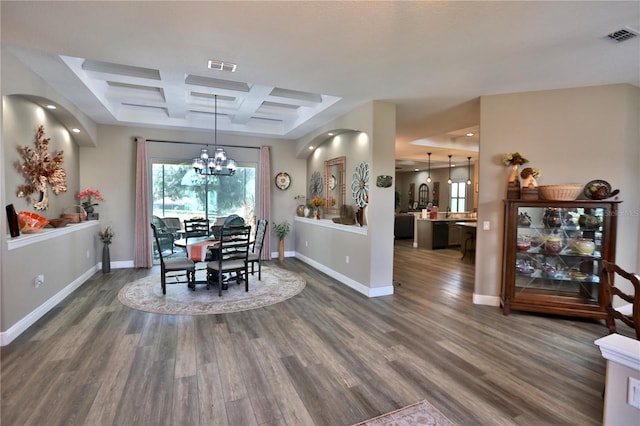 dining area with beam ceiling, a chandelier, coffered ceiling, and dark hardwood / wood-style floors