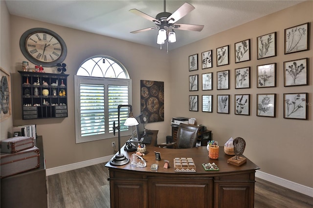 home office with dark hardwood / wood-style floors and ceiling fan