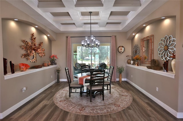 dining room featuring dark hardwood / wood-style flooring, beamed ceiling, a notable chandelier, coffered ceiling, and crown molding