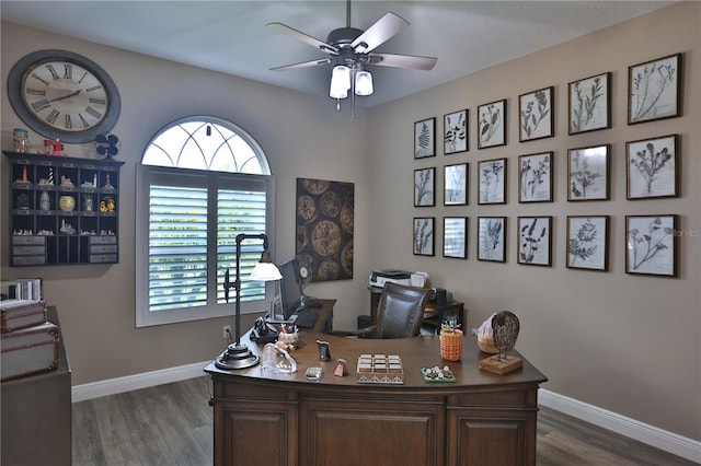 office space with ceiling fan and dark wood-type flooring