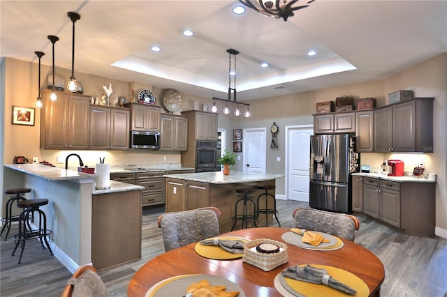 kitchen with pendant lighting, a raised ceiling, kitchen peninsula, and appliances with stainless steel finishes