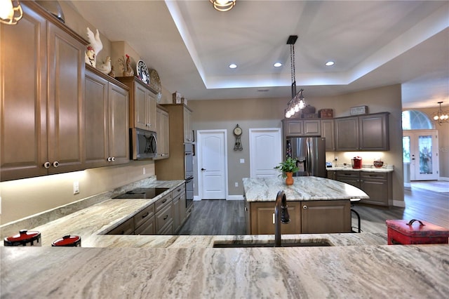 kitchen featuring a tray ceiling, a center island, dark hardwood / wood-style floors, hanging light fixtures, and appliances with stainless steel finishes