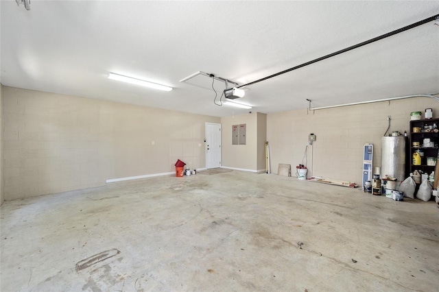 garage featuring a garage door opener, gas water heater, and electric panel