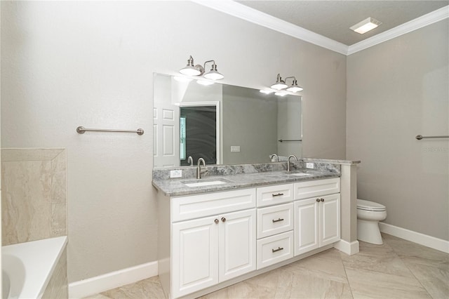 bathroom featuring ornamental molding, a tub, toilet, and vanity