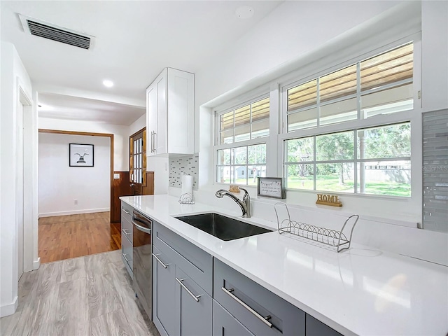 kitchen with sink, light hardwood / wood-style flooring, backsplash, white cabinetry, and dishwasher