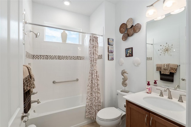 full bathroom with shower / bath combination with curtain, vanity, and toilet