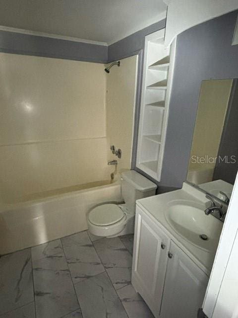 full bathroom featuring vanity, ornamental molding, toilet, and tub / shower combination