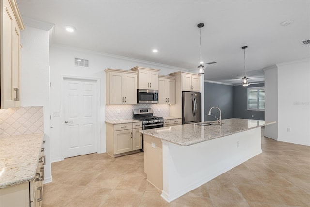 7709 SW 86th Ct, Ocala, FL 34481 - kitchen with appliances with stainless steel finishes, a sink, ornamental molding, decorative backsplash, and a ceiling fan