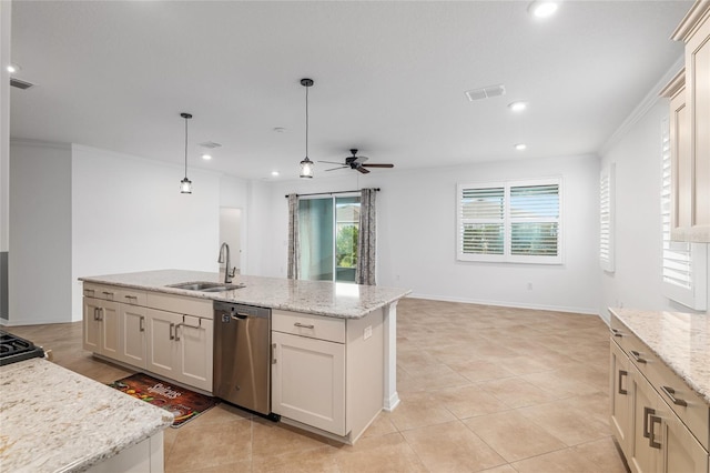 7709 SW 86th Ct, Ocala, FL 34481 - kitchen featuring stainless steel dishwasher, a sink, ceiling fan, recessed lighting, and hanging light fixtures