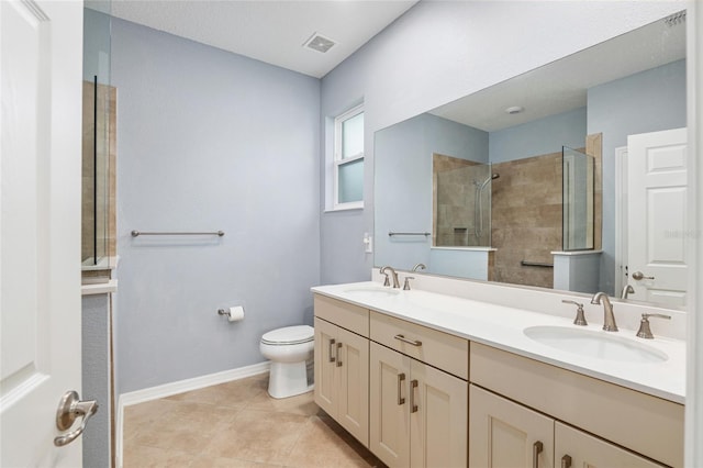 bathroom with tile patterned flooring, vanity, toilet, and an enclosed shower