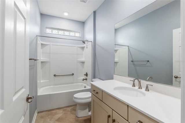 full bathroom with bathtub / shower combination, tile patterned flooring, vanity, and toilet