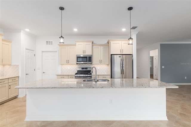 7709 SW 86th Ct, Ocala, FL 34481 - kitchen featuring stainless steel appliances, a sink, cream cabinetry, backsplash, and ornamental molding
