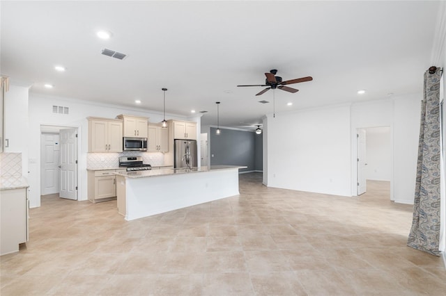 7709 SW 86th Ct, Ocala, FL 34481 - kitchen featuring appliances with stainless steel finishes, ceiling fan, recessed lighting, decorative backsplash, and open floor plan