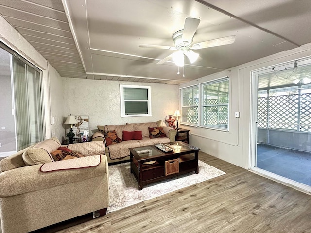 living room with ceiling fan and hardwood / wood-style flooring