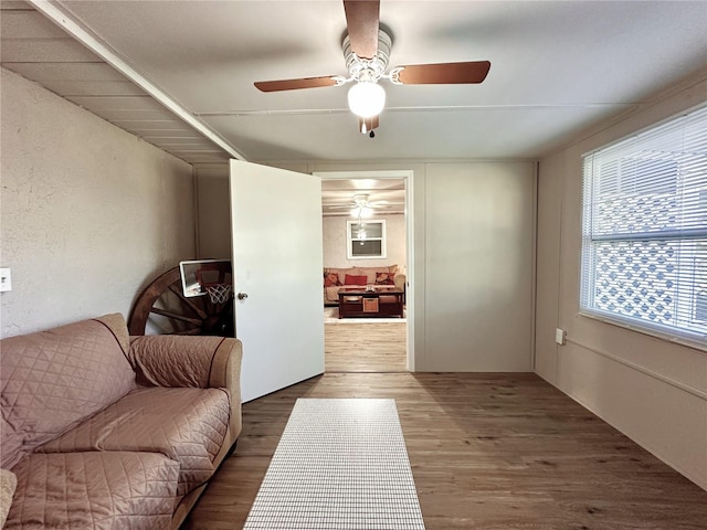 living room featuring dark hardwood / wood-style flooring and ceiling fan