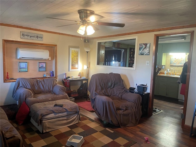 living room with ceiling fan, wood ceiling, sink, hardwood / wood-style flooring, and a wall unit AC