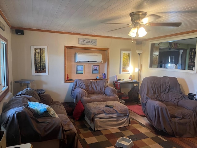 living room with wooden ceiling, crown molding, ceiling fan, hardwood / wood-style flooring, and a wall mounted air conditioner