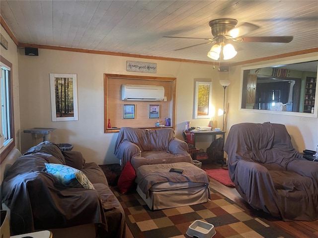living room featuring crown molding, ceiling fan, a wall mounted AC, and a healthy amount of sunlight