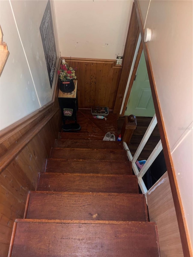 stairs featuring wood-type flooring and wood walls