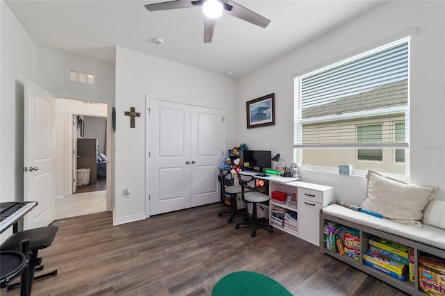 office space featuring dark wood-type flooring and ceiling fan