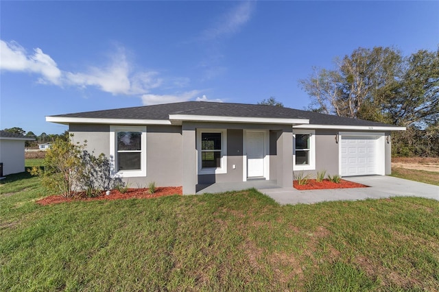 ranch-style house featuring stucco siding, covered porch, a garage, driveway, and a front lawn