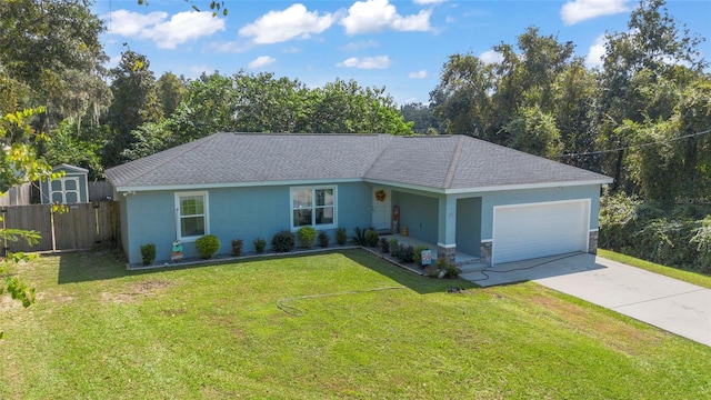 ranch-style home with a garage and a front lawn