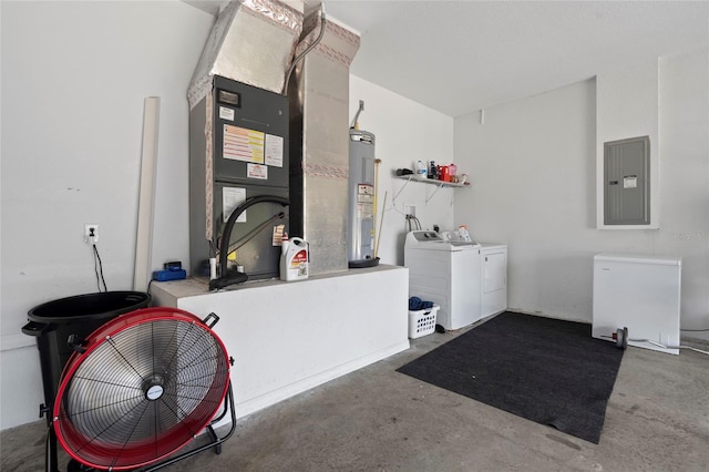 laundry room featuring electric panel, water heater, and washing machine and dryer